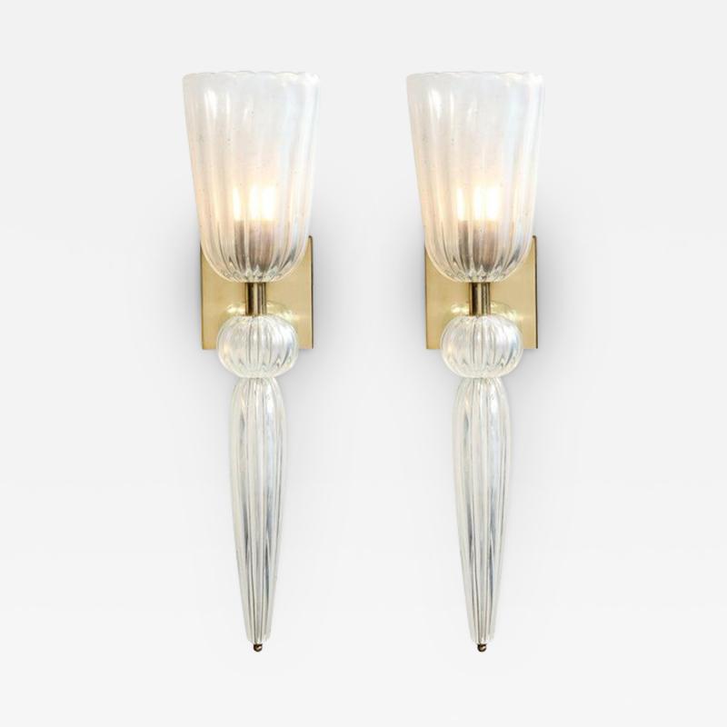 Modernist Iridescent Handblown Murano Glass Brass Sconces w Elongated Drop