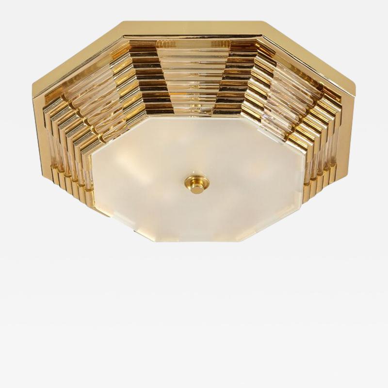 Modernist Octagonal Brass w Glass Rods Frosted Shade Flush Mount Chandelier