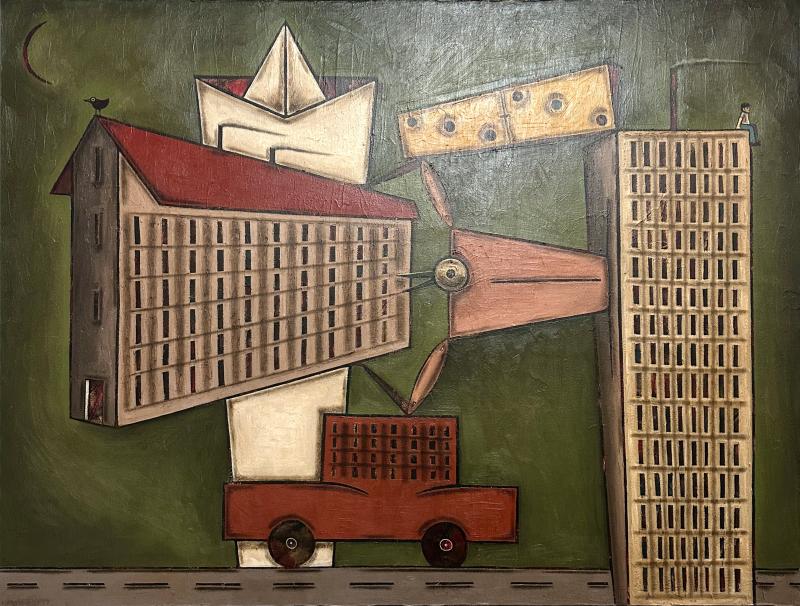 Modernist Oil Painting on Canvas France 1990s