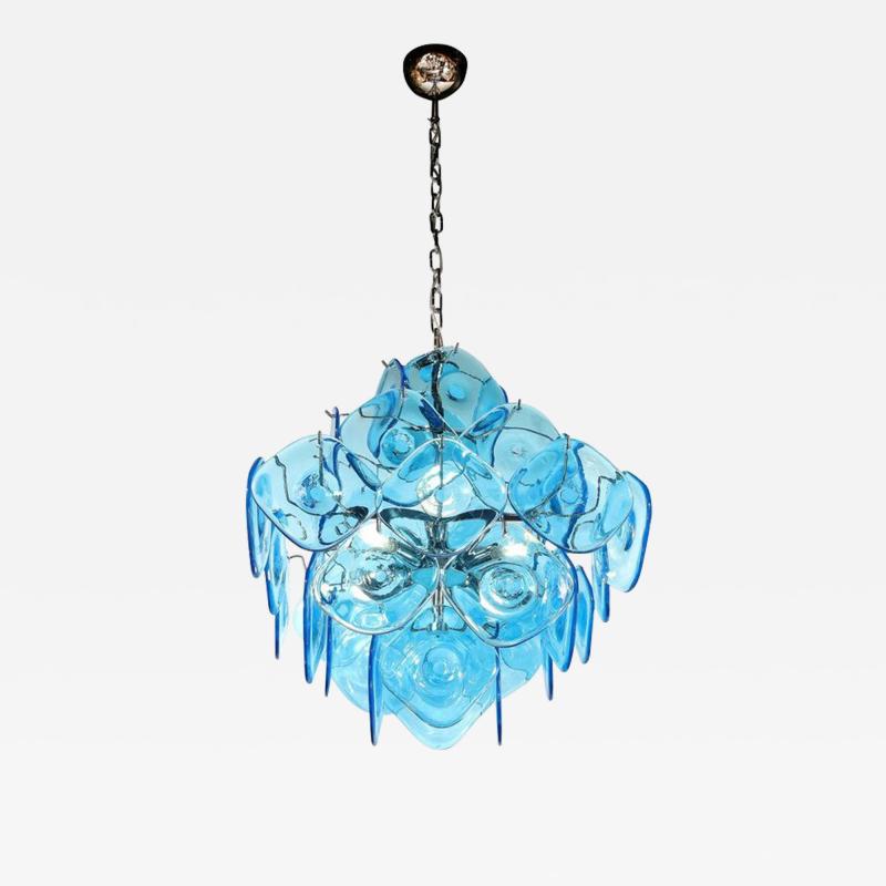 Modernist Pagoda Form Hand Blown Cerulean Blue Murano Glass Chandelier