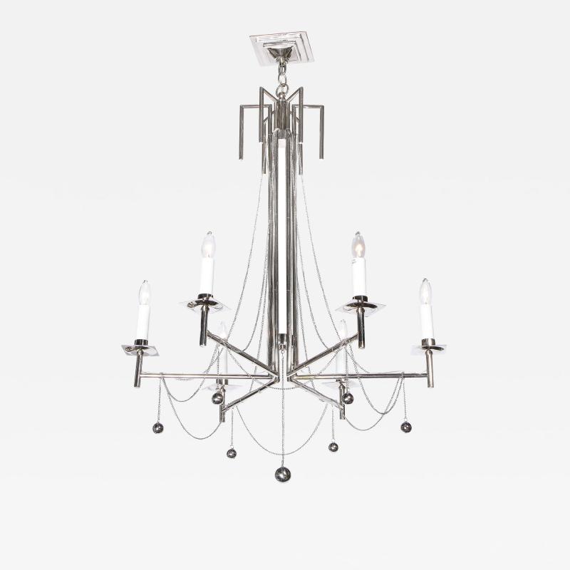 Modernist Polished Nickel Six Arm Chandelier with Chain and Spherical Details