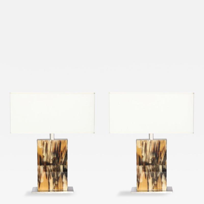 Modernist Rectilinear Table Lamps in Paneled Horn and Polished Nickel
