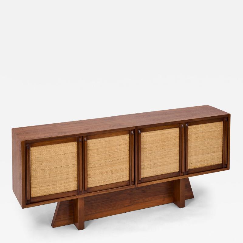 Modernist Slim Walnut Cabinet With Woven Cane Doors Italy 1960s