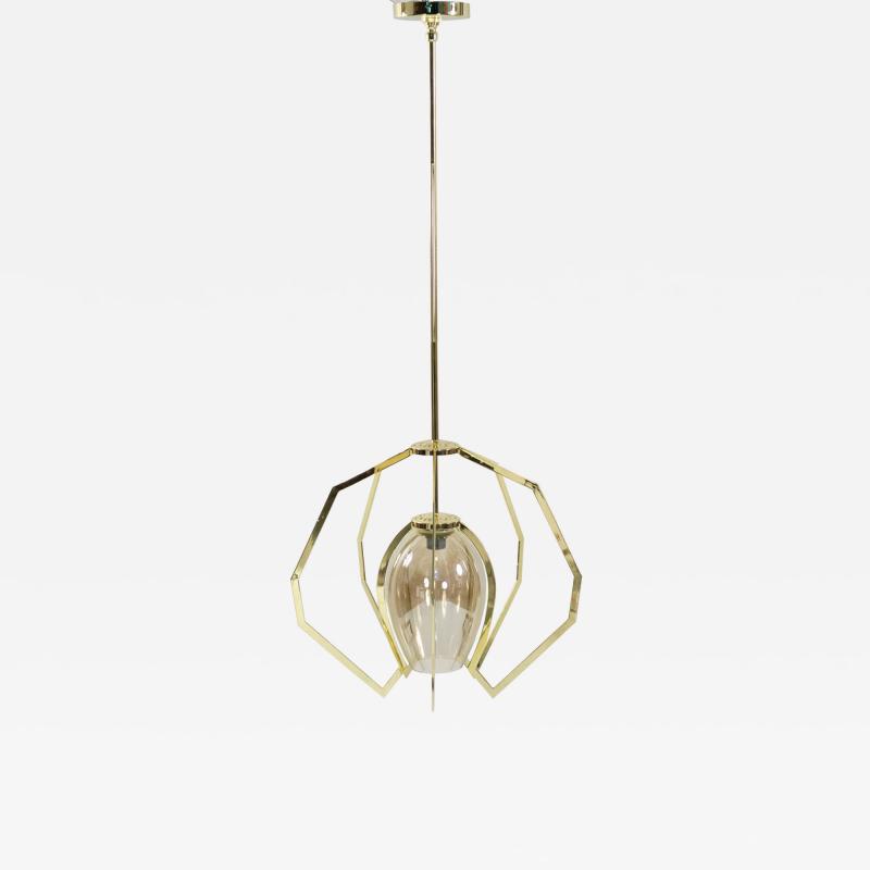 Modernist Style Brass and Amber Glass Pendant Lamps