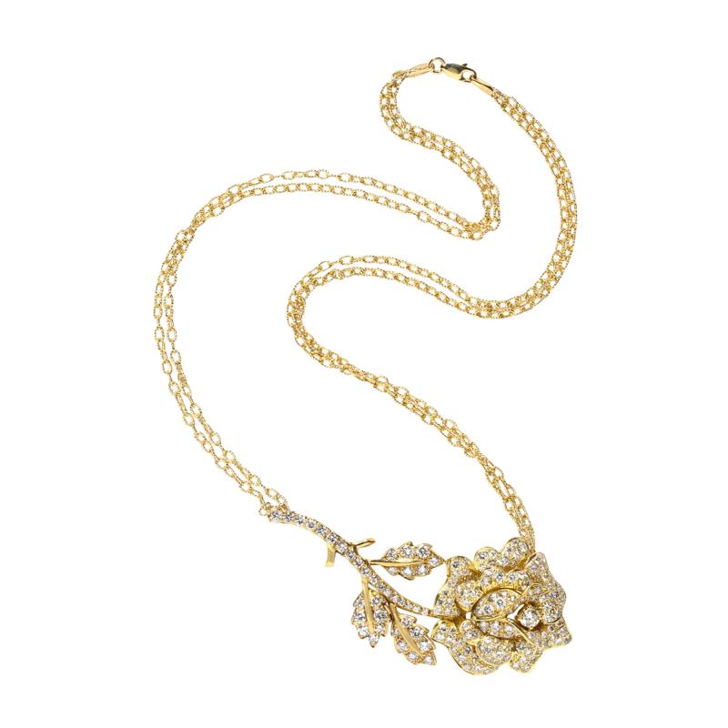 Modernist Stylized Rose Pendant Necklace with 3ct White Diamonds 18kt Gold