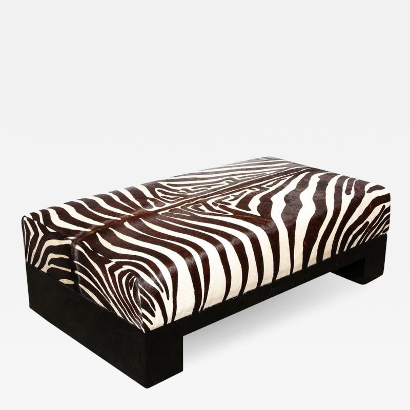 Modernist Upholstered Ottoman in Authentic Zebra Hide w Ebonized Walnut Base