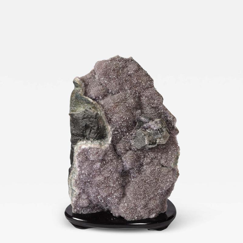 Modernist Uruguayan Amethyst Rock Crystal Specimen on Black Lacquer Base