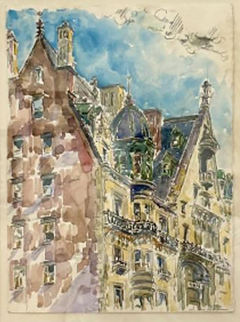 Modernist Watercolor Signed by Adam Van Doren Architecture City Framed