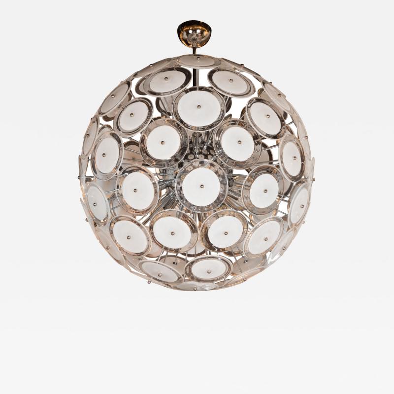 Modernist White and Clear Disc Murano Chandelier with Polished Nickel Frame