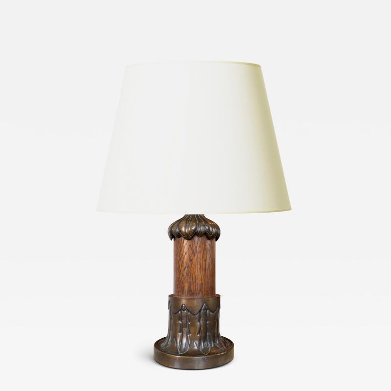 Mogens Ballin Art Nouveau Table Lamp in Bronze and Oak by Mogens Ballin