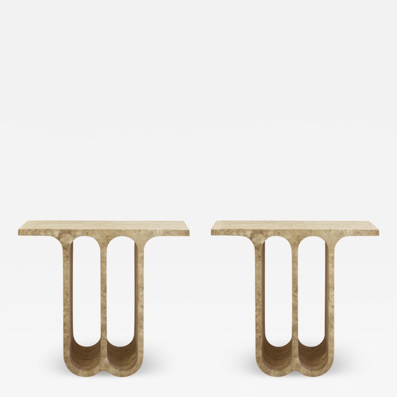 Monolithic Ivory Travertine Arch Consoles Italy Modern 1980 Set of Two