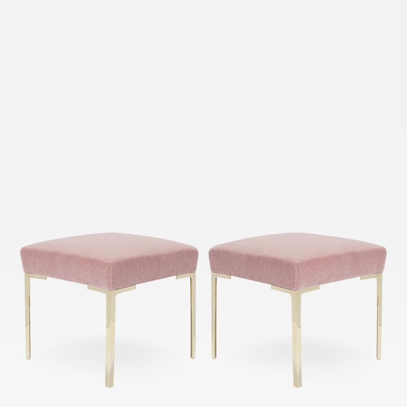 Montage Astor Petite Brass Ottomans in Blush Mohair by Montage Pair