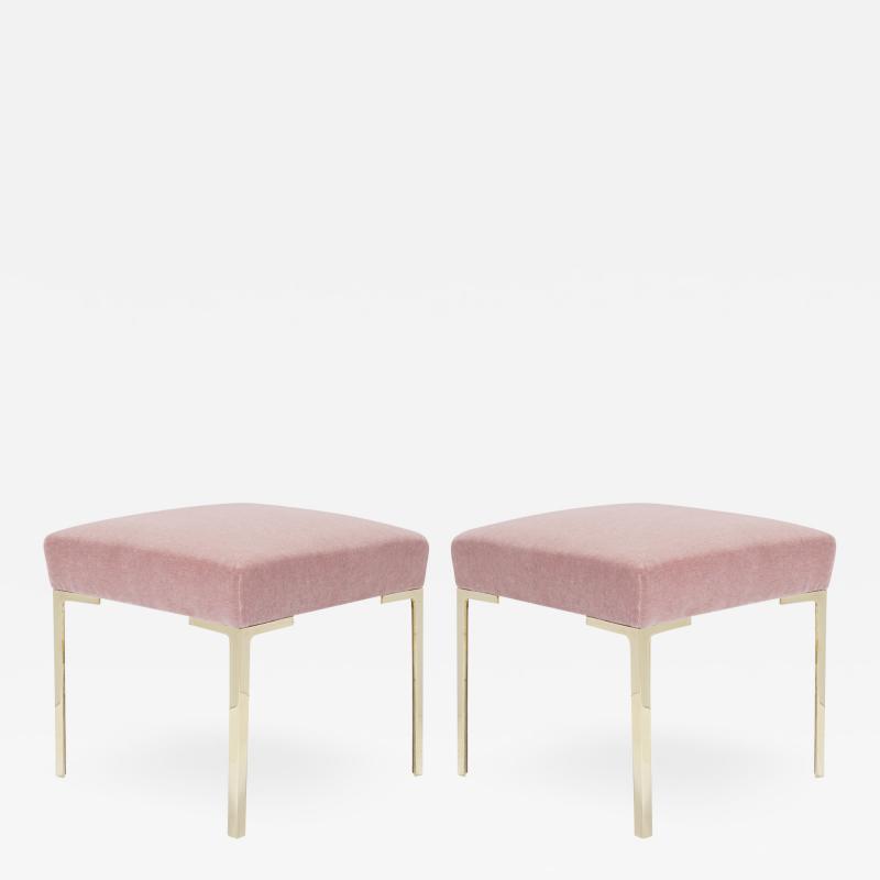 Montage Astor Petite Brass Ottomans in Blush Mohair by Montage Pair