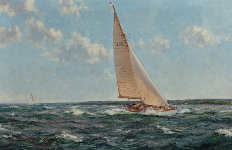 Montague Dawson Down Solent showing Cohoe the 1950 Transatlantic Race