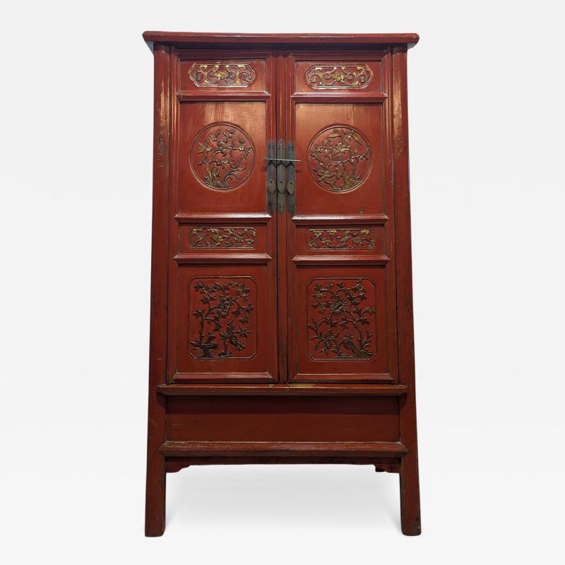 Monumental 19th Century Chinese Fujian Red Lacquer Gilt Tapered Cabinet