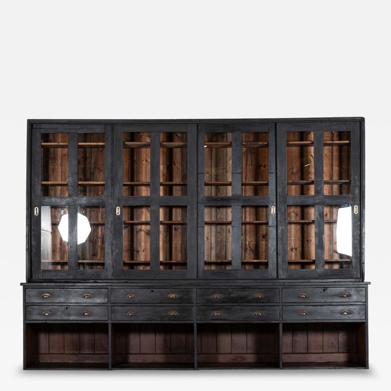 Monumental 19thC English Ebonised Pine Housekeepers Haberdashery Cabinet