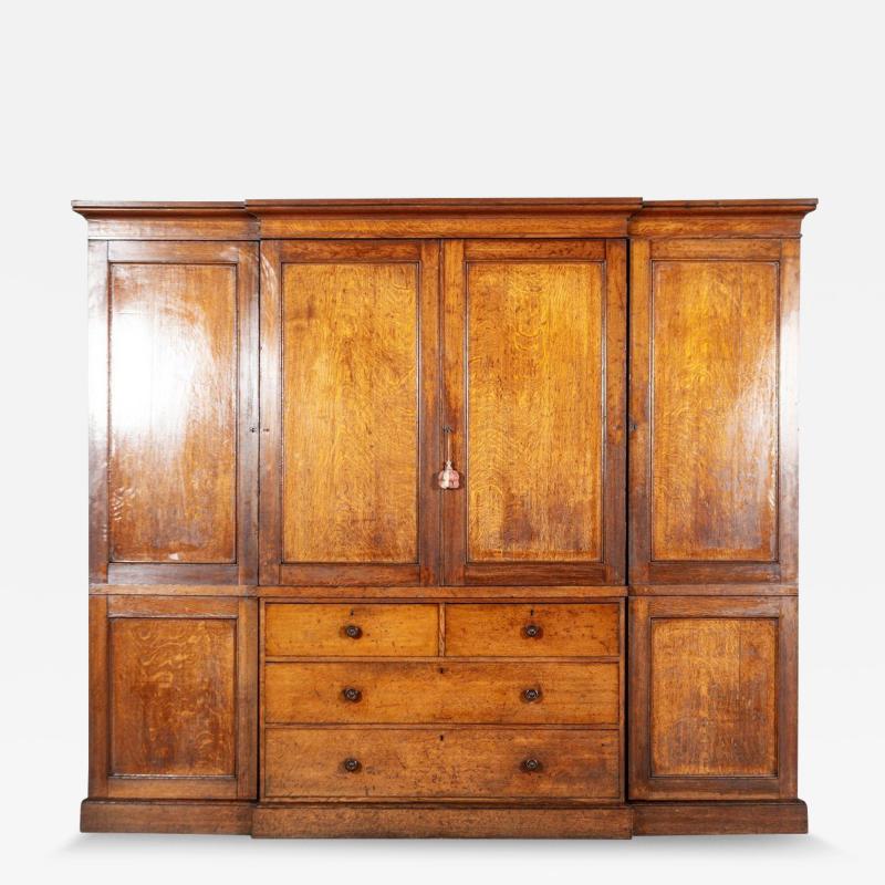 Monumental 19thC English Oak Breakfront Linen Cupboard