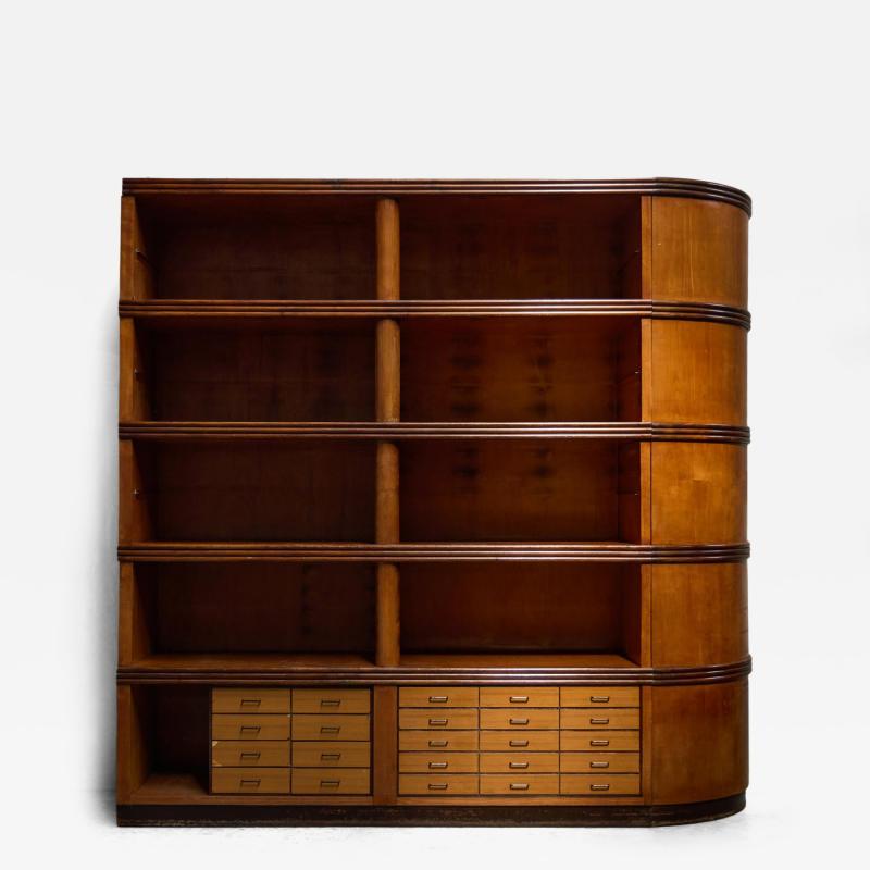 Monumental Art Deco Display Corner Cabinet with Drawers Italy Mid 20th Century