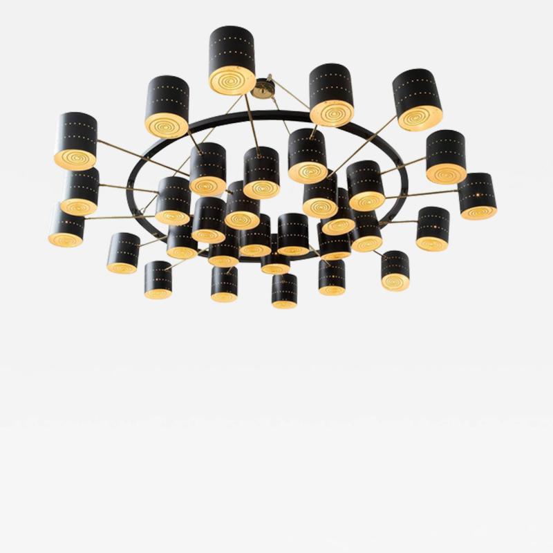 Monumental Brass and Black Enameled Chandelier