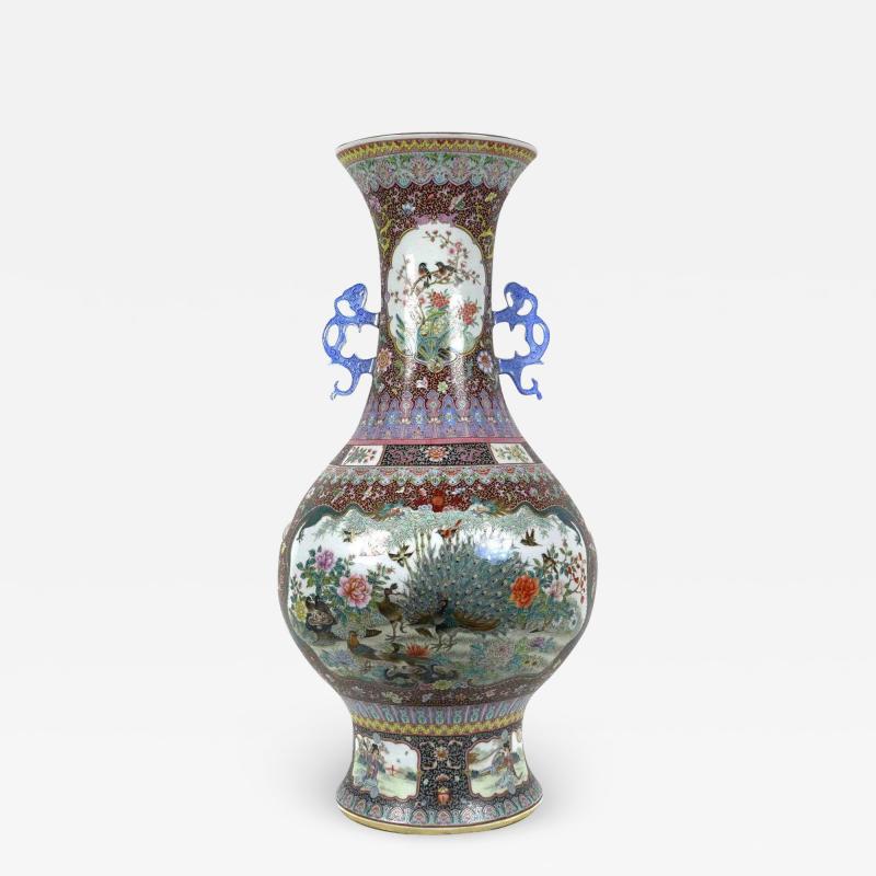 Monumental Chinese Famille Rose Porcelain Peacock Palace Vase