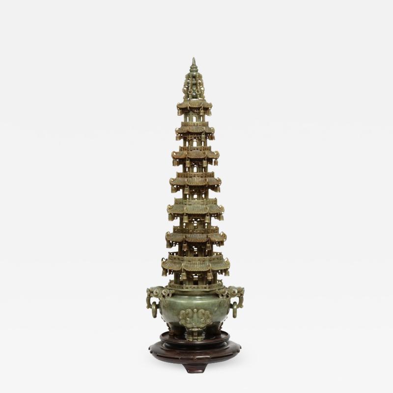 Monumental Chinese Green Translucent Jade Carved Pagoda Censer 19th Century