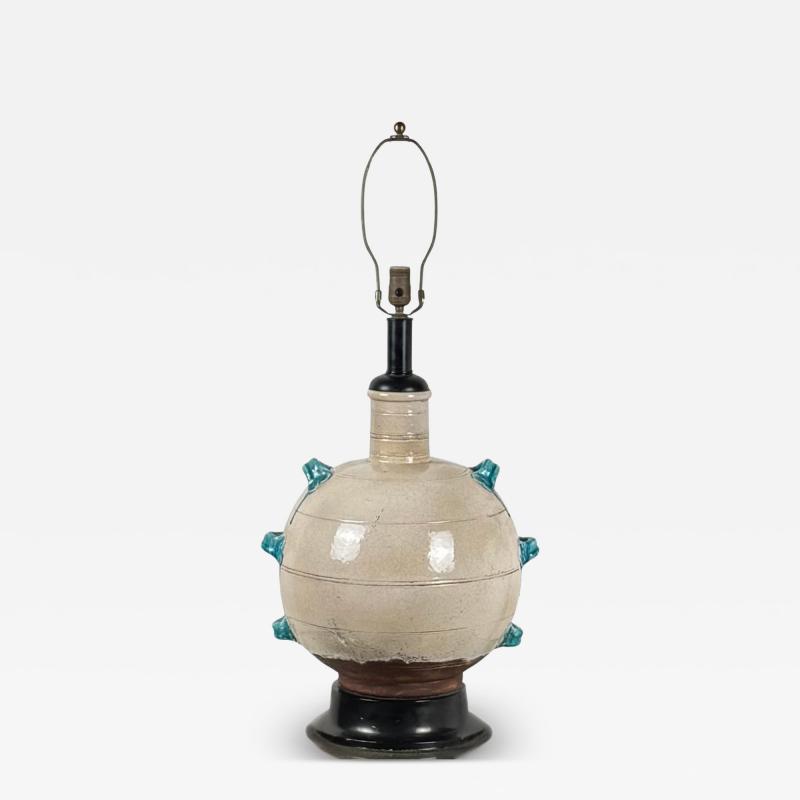 Monumental Cream and Turquoise Glazed Ceramic Lamp