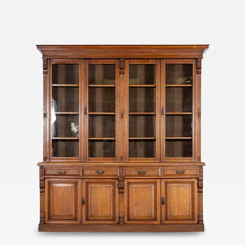 Monumental English 19thC Oak Glazed Library Bookcase