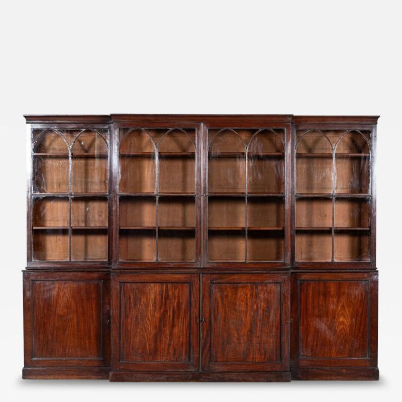 Monumental English Early 19thC Astral Arch Glazed Mahogany Breakfront Bookcase