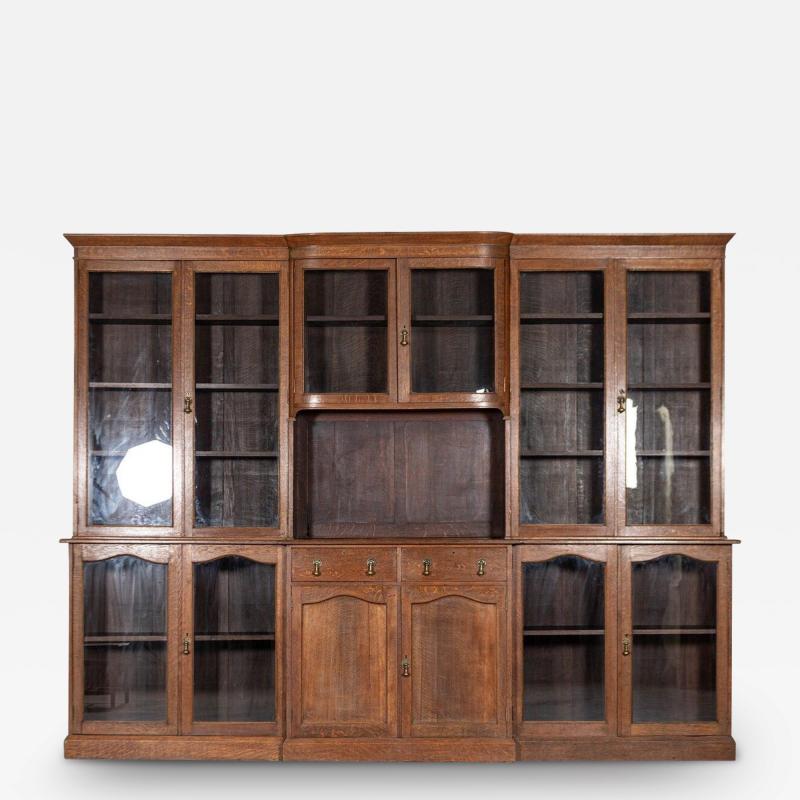 Monumental English Oak Glazed Breakfront Display Cabinet Bookcase