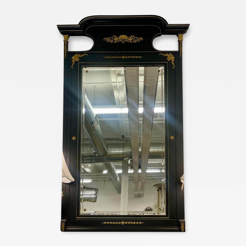 Monumental French Directoire Style Ebonized Mirror Beveled With Brass Accents