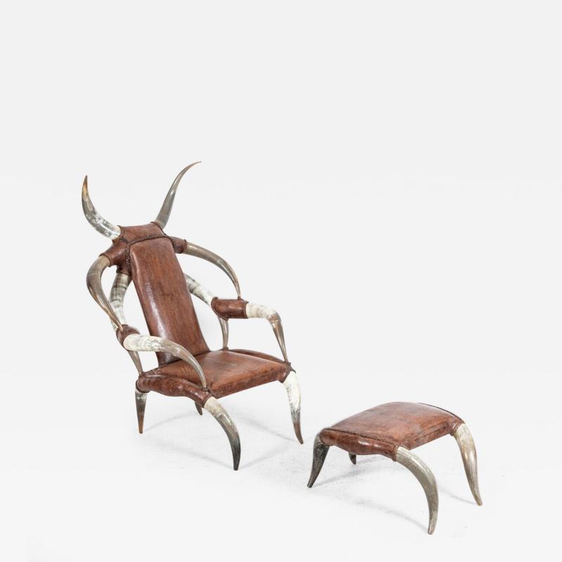 Monumental Horn Leather Armchair with Foot Stool
