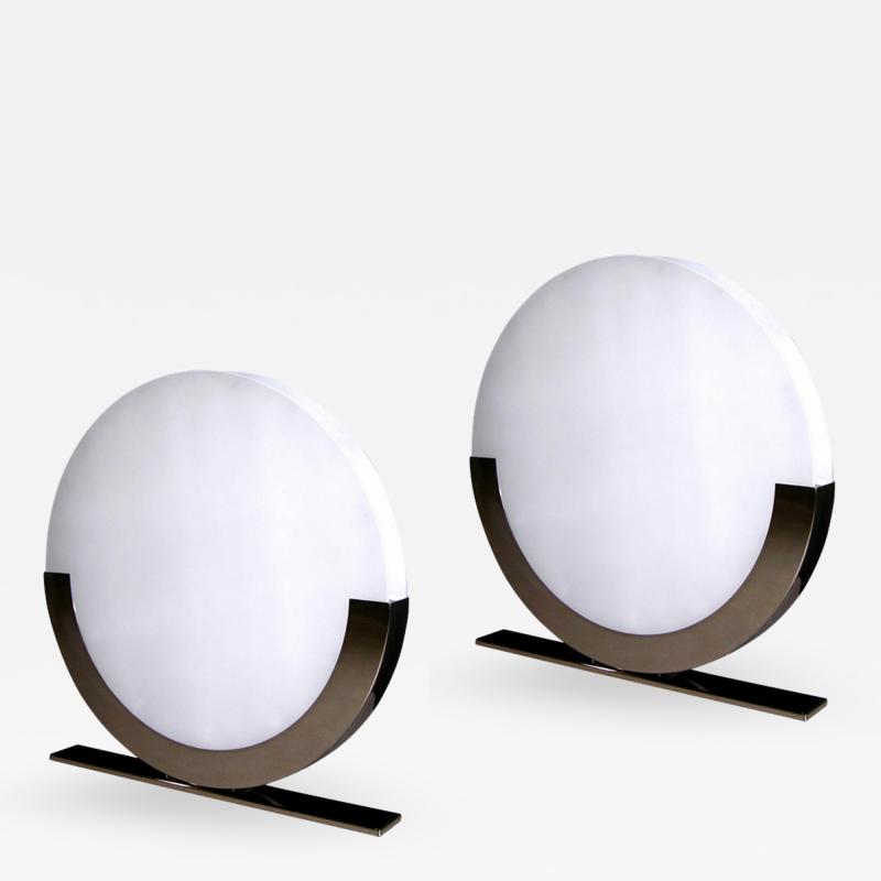 Monumental Italian Design Pair of White and Chrome Round Floor or Table Lamps