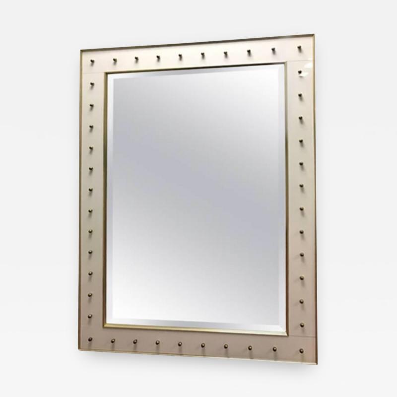 Monumental Italian White Glass Brass Accent Mirror