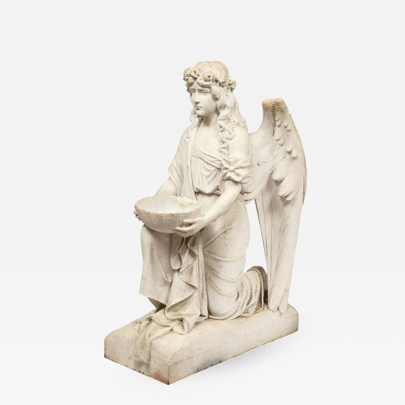 Monumental Italian White Marble Figure Sculpture of a Seated Winged Woman 1870