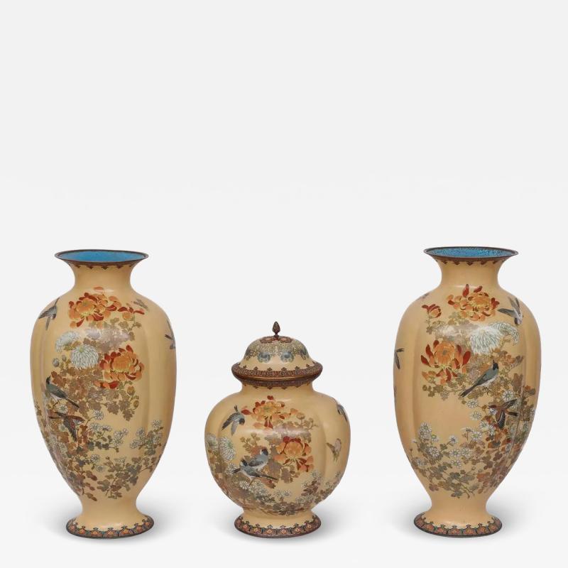 Monumental Japanese Three Piece Peach Cloisonn Enamel Garniture Nagoya Company