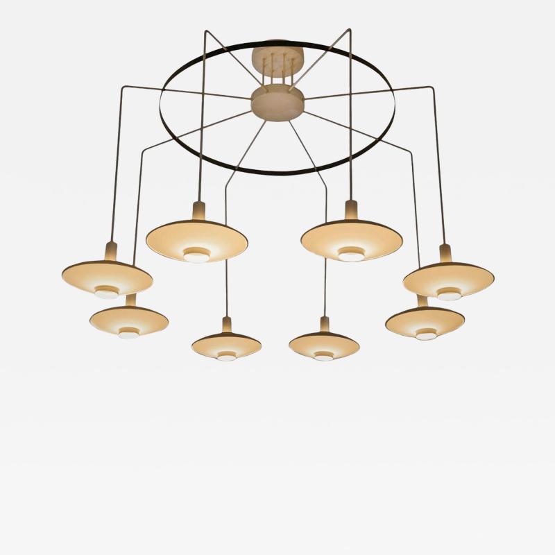 Monumental Mid Century Chandelier in Lacquered Metal and Opaline Glass 1960