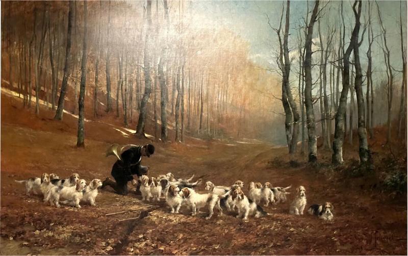 Monumental Oil Canvas Georges Henri Fauvel Hunting Dogs with Master 19th Cent