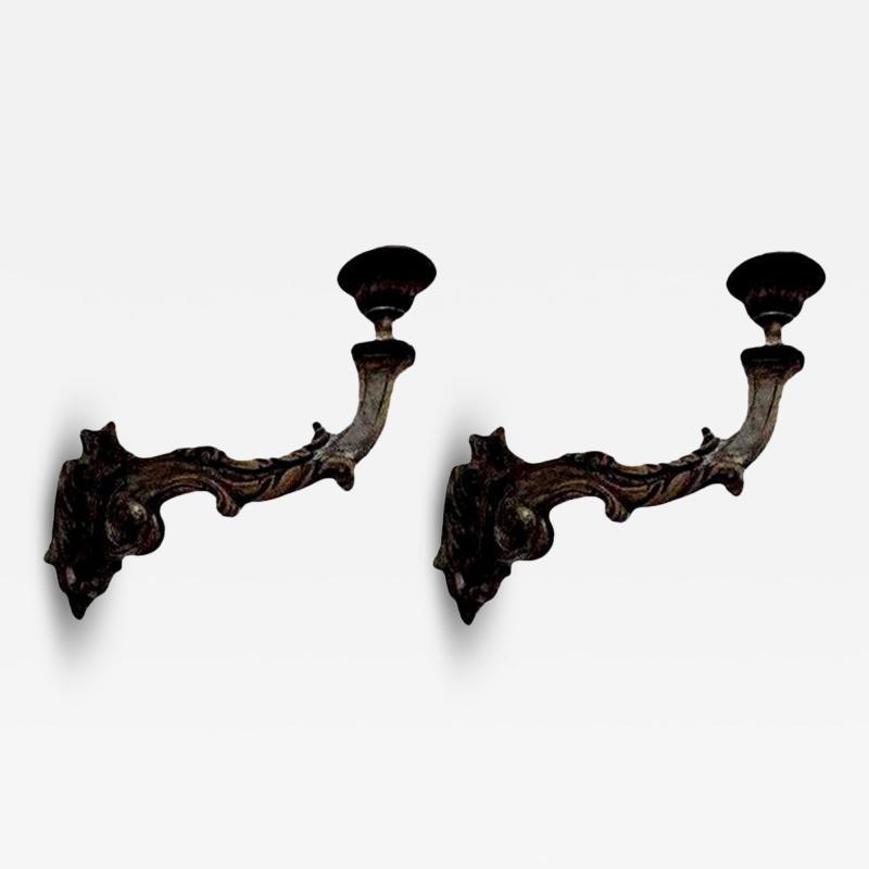 Monumental Pair of 18th Century Venetian Silver Giltwood Sconces