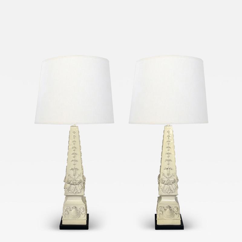 Monumental Pair of Italian 1950s Neoclassical Style Obelisk form Ceramic Lamps