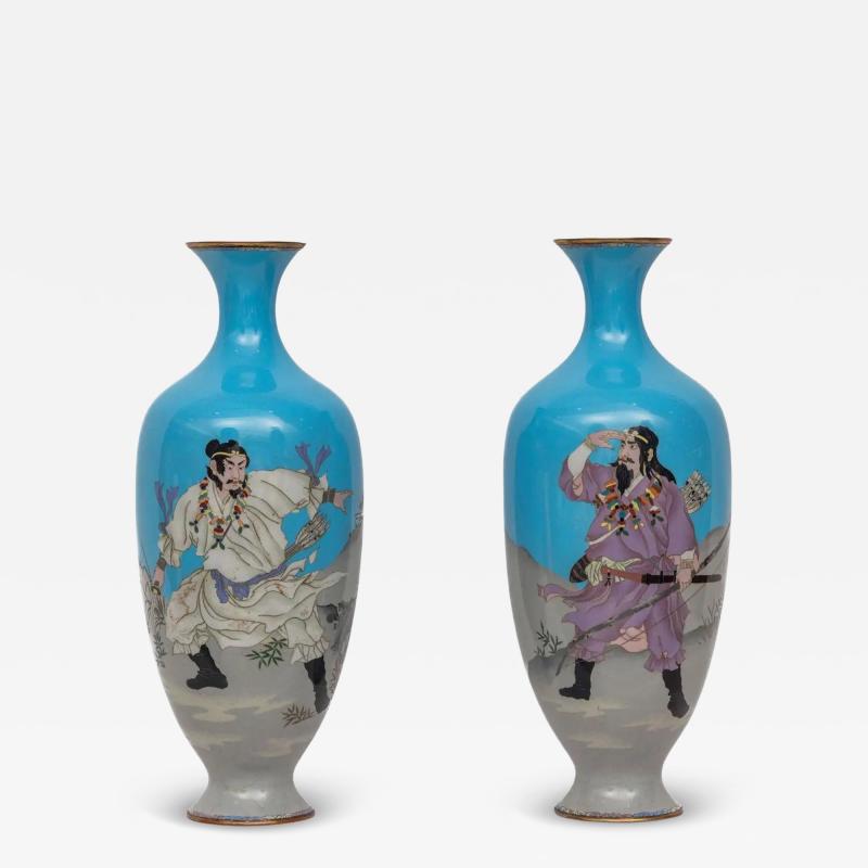Monumental Pair of Japanese Cloisonn Enamel Vases with Warriors Ota Tamashiro