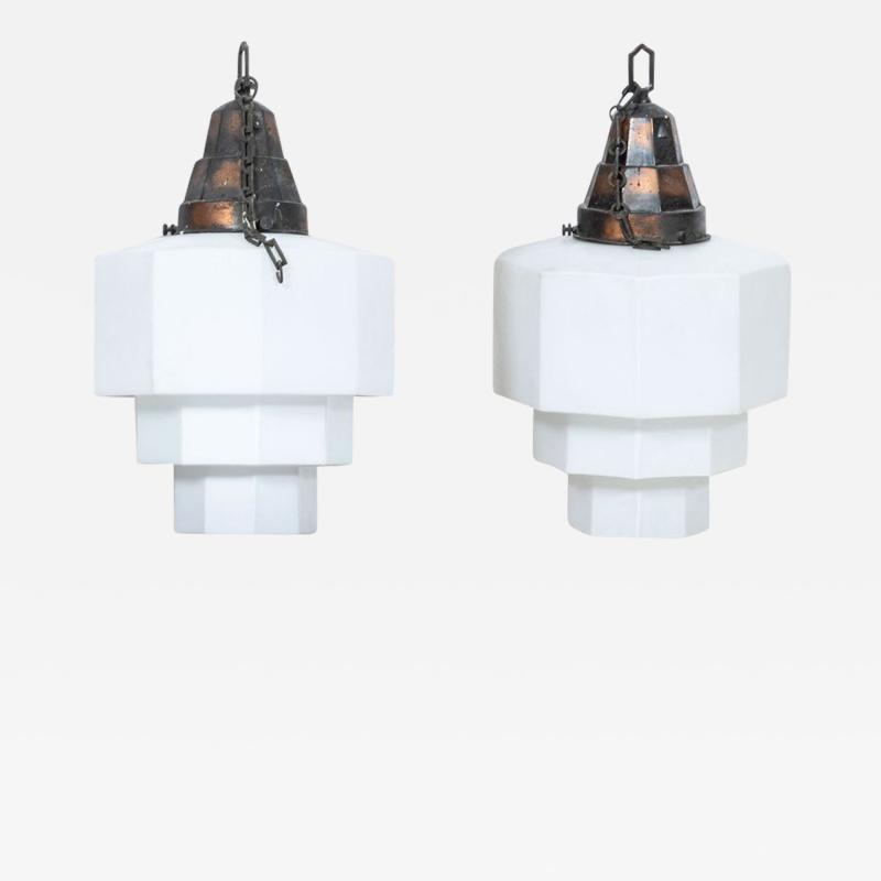 Monumental Pair of Opaline Pendant Lights