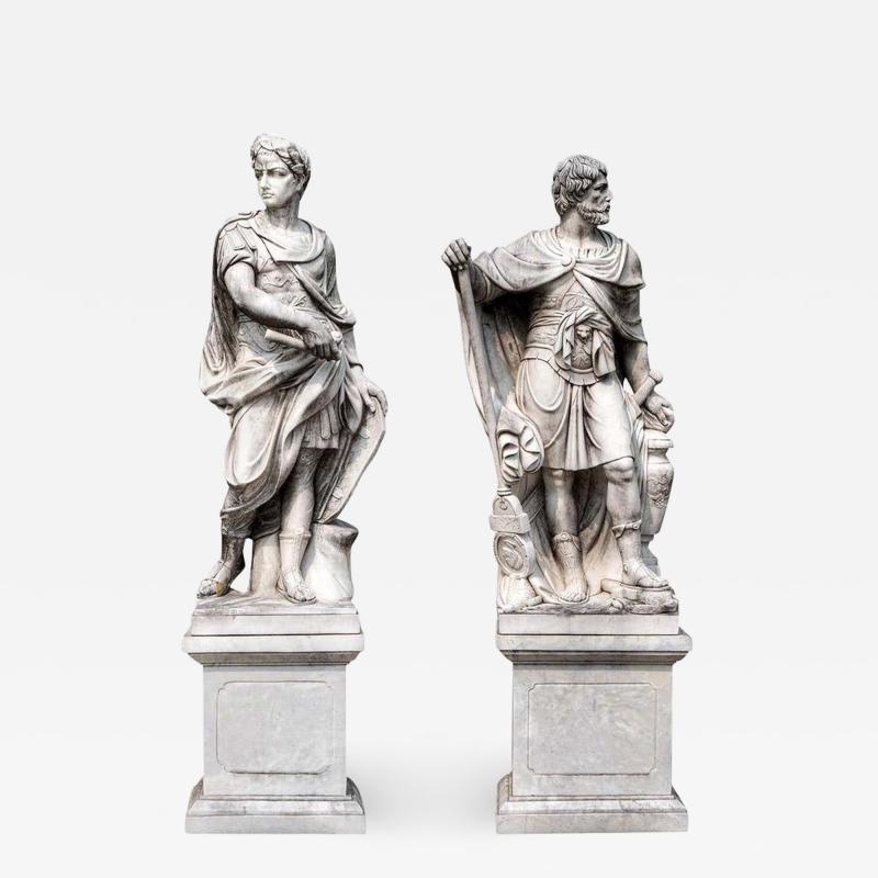 Monumental Pair of White Marble Statue of Classical Roman Figures