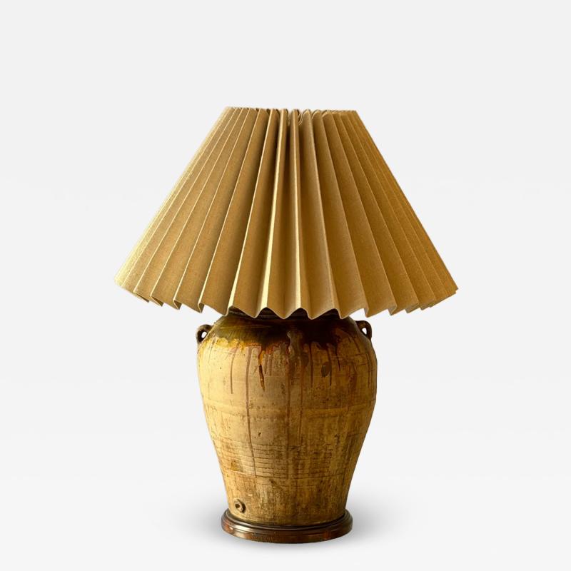Monumental Terra Cotta Olive Jar Table Lamp With Pleated Shade