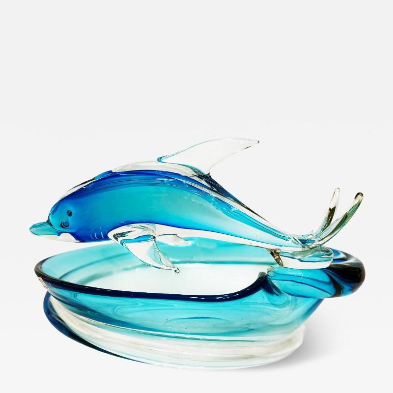 Monumental Vintage Blown Murano Glass Bowl with Dolphin Riding the Blue Waves