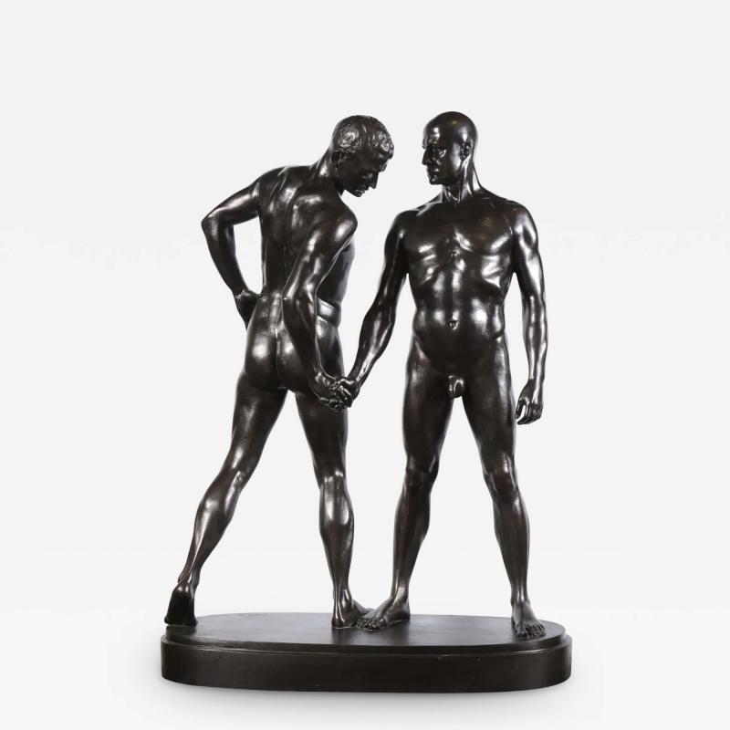 Monumental and Striking Patinated Bronze Figure of Two Male Nude Erotic Lovers