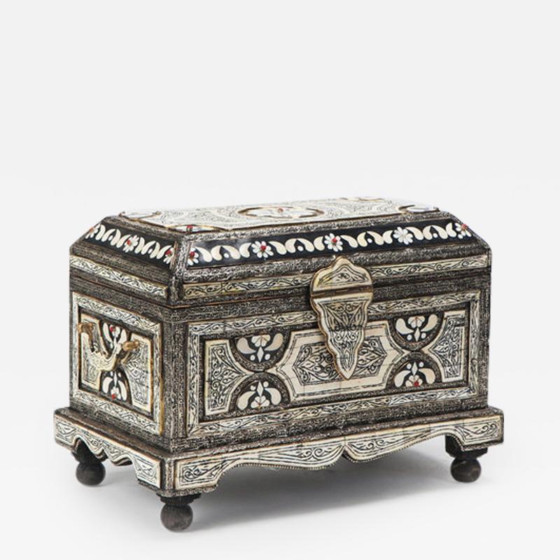 Moroccan Chest or Jewelry Box in Camel Bone and Brass Inlaid