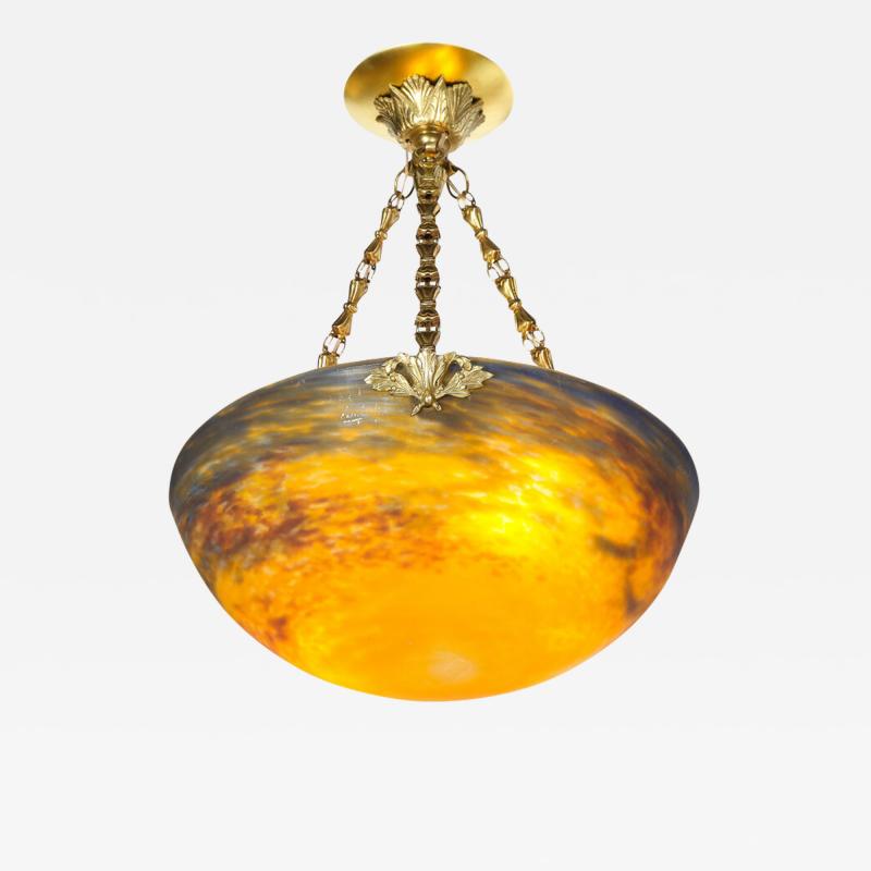 Muller Fr res Art Deco Antiqued Brass and Hand Blown Mottled Glass Chandelier by Muller Fr res