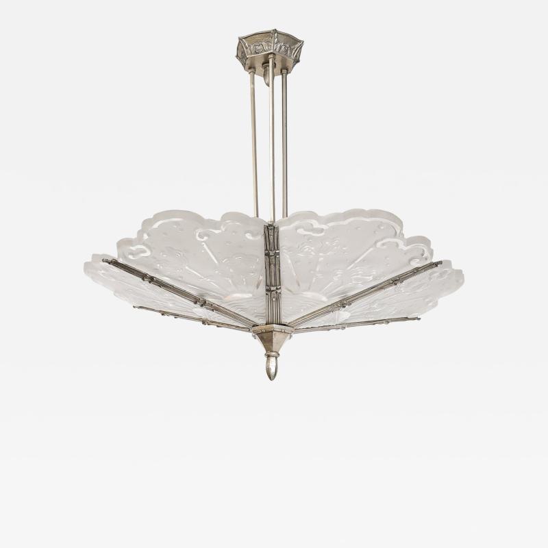 Muller Fr res Art Deco Cubist Cloud Motif Molded Frosted Glass Pendant signed Muller Freres