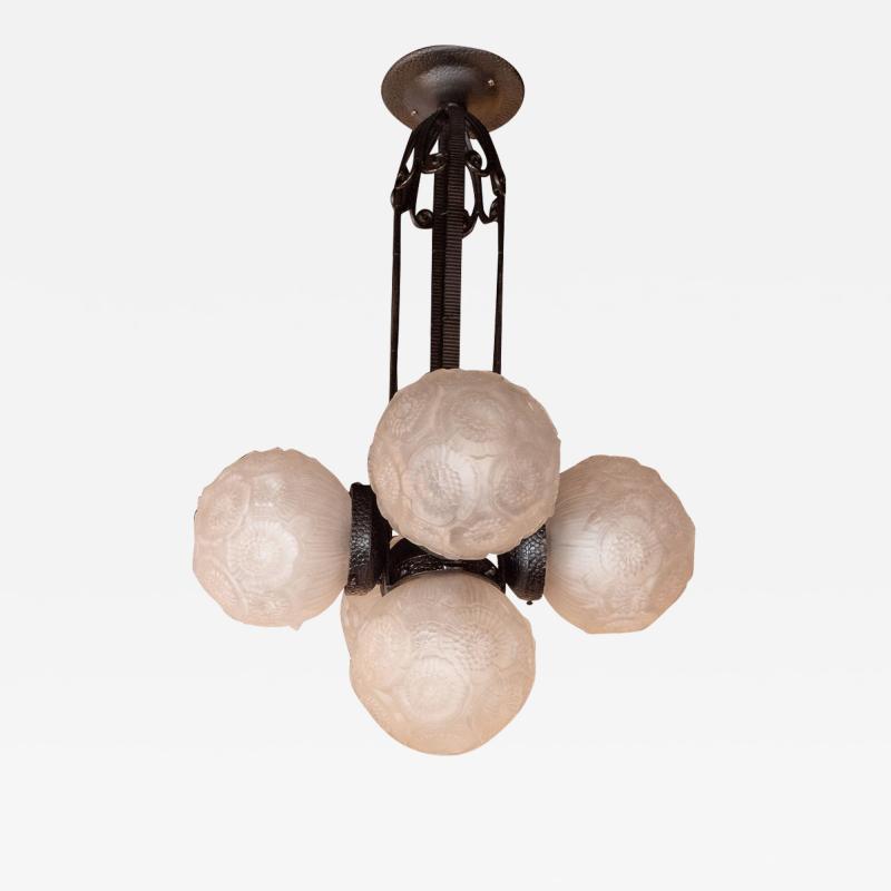 Muller Fr res Art Deco Five Globe Chandelier in Wrought Iron Frosted Glass by Muller Fr res
