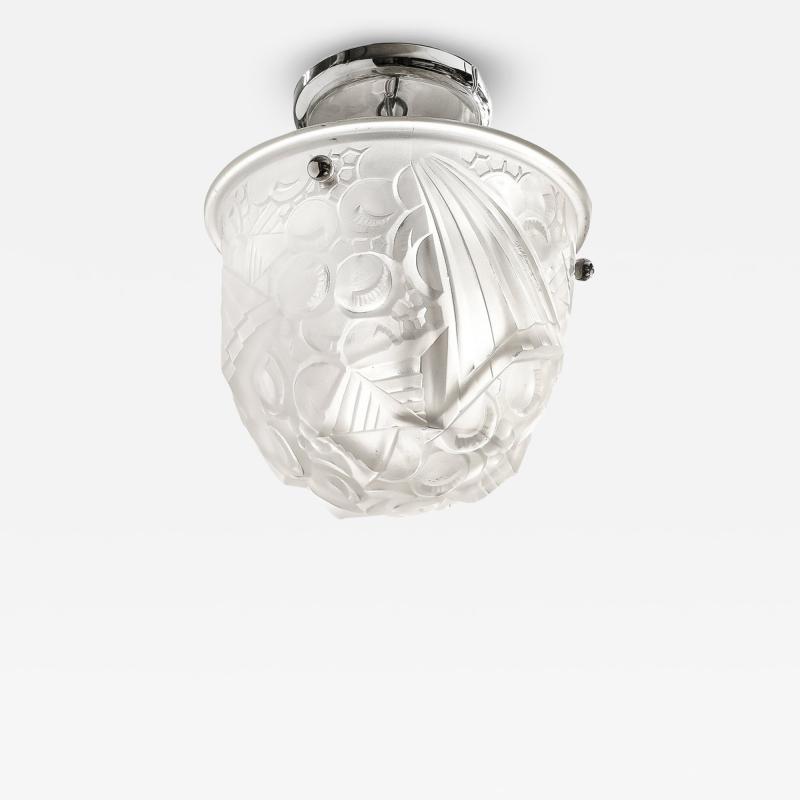 Muller Fr res Art Deco Molded Frosted Glass Pendant w Cubist Detailing by Muller Freres